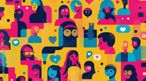 Vibrant People Pattern: Diverse Faces in Bold Colors and Modern Style