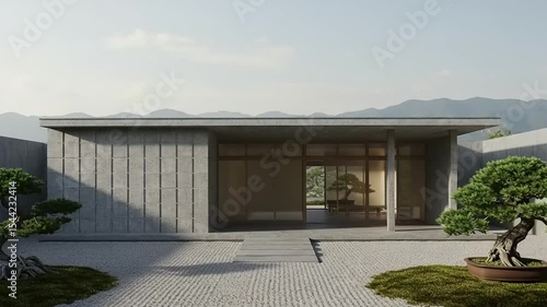 Modern concrete house with zen garden and bonsai trees