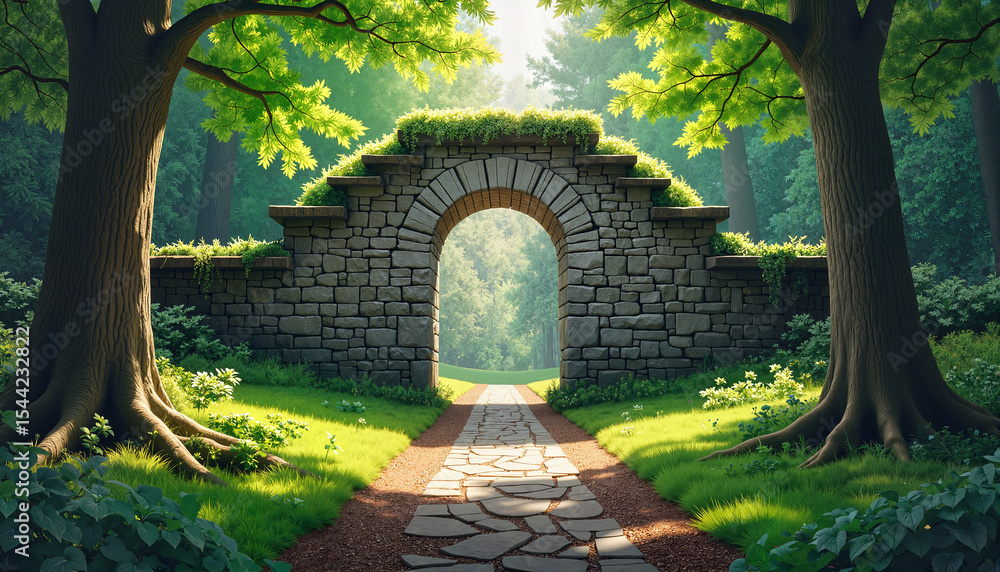 Fototapeta premium Stone archway surrounded by trees in a sunlit forest path 