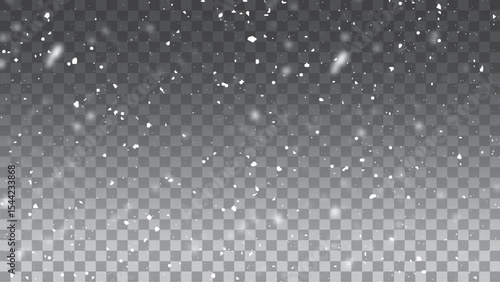 Falling snowflakes with blurry snow particles on dark transparent background. Vector illustration