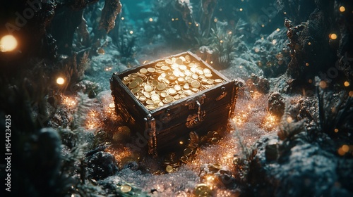 Underwater Treasure Chest Gleaming with Golden Coins in Mysterious Depths