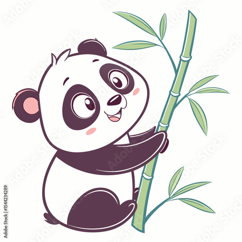 Cute Panda Cub Climbing Bamboo Stem.