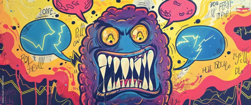 Obraz premium Bold blob monster with lightning bolt teeth and manga effects shouts from speech bubbles amid a cute, blurred doodle backdrop.