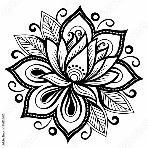 Ornate Black and White Lotus Flower Vector Illustration.