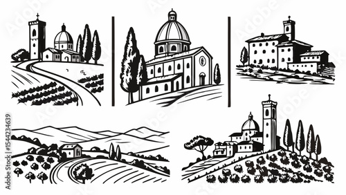 Black and White Italian Countryside Illustrations Collection.