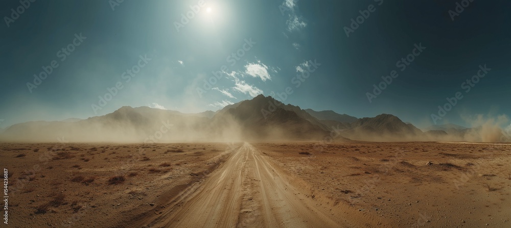 Fototapeta premium Vast panoramic desert landscape with distant mountains and a straight road leading to the horizon, featuring dust clouds, dry terrain, and atmospheric particles under a muted, cinematic tone