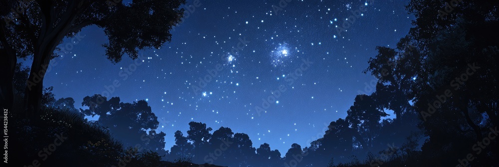 Fototapeta premium A dark blue night sky with stars and the Milky Way over a forest landscape. A vector illustration of a starry night sky with a galaxy, nebulae,