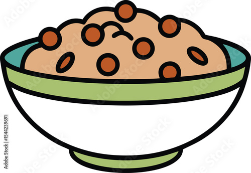 A bowl of oatmeal with berries and nuts cartoon illustration