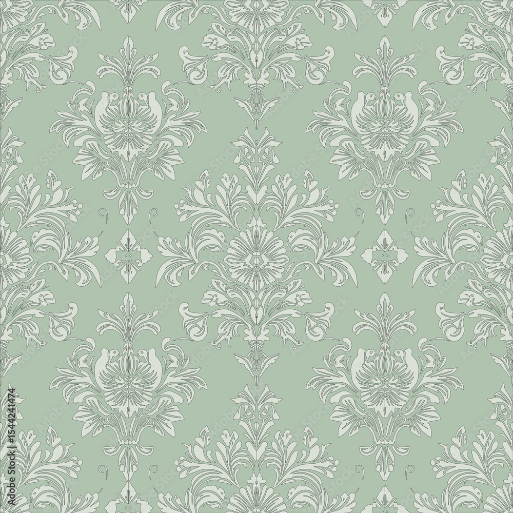 The rococo damask, a colorless pattern with a light green background, a light gray pattern, a vector pattern used for wallpapers, tiles, etc. The rococo damask, a colorless pattern with a light green background, a light gray pattern, a vector pattern used for wallpapers, tiles, etc.