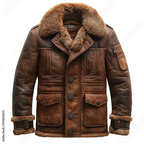 Shop brown leather bomber jacket with fur collar men's winter coat outerwear fashion apparel clothing style on transparent background