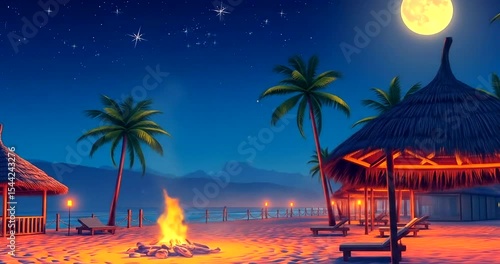 Beach bonfire night with glowing huts, fence torches, and moonlit palms