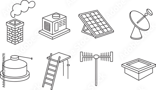Isometric Line Art Icons of Rooftop Utilities and Sustainable