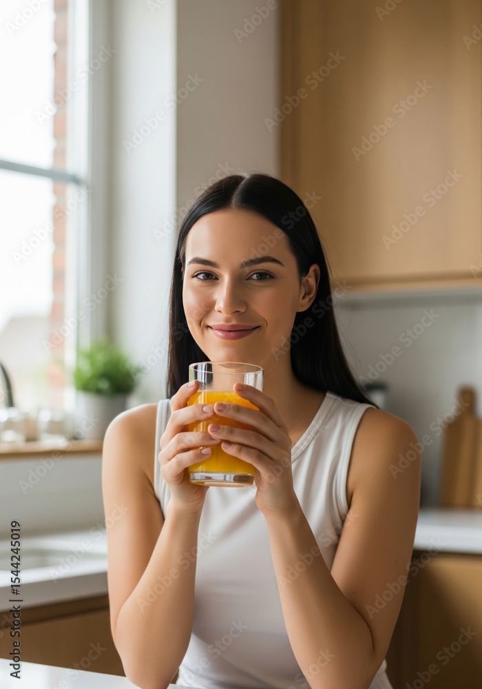 Happy Woman Holding a Glass of Orange Juice in Morning Light Happy Woman Holding a Glass of Orange Juice in Morning Light