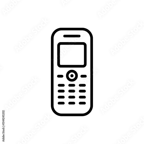 Simple line icon of a classic mobile phone with small screen and keypad, representing early digital communication.