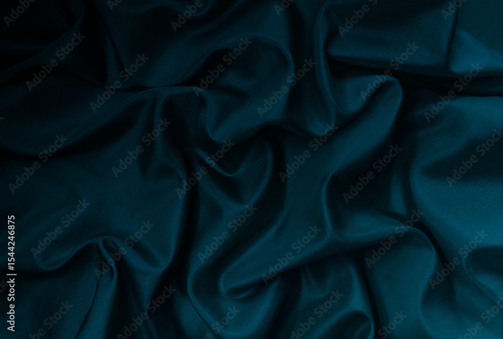Obraz premium Dark blue shadowes crumpled satin sabric. Satin background for design. Azure, teal, navy, denim, midnight, cobalt colorful background. Wavy drapery folds. Curve. Twisted cloth. Smooth shiny drape. 