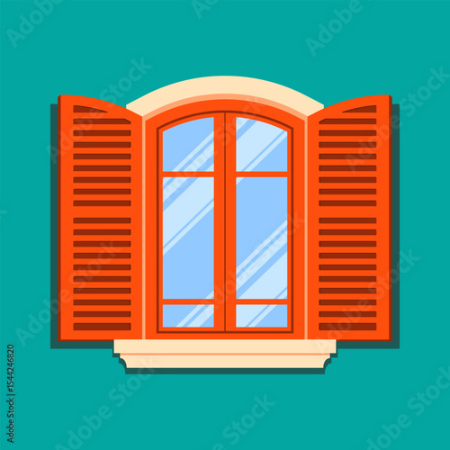 A window with two bright orange doors.