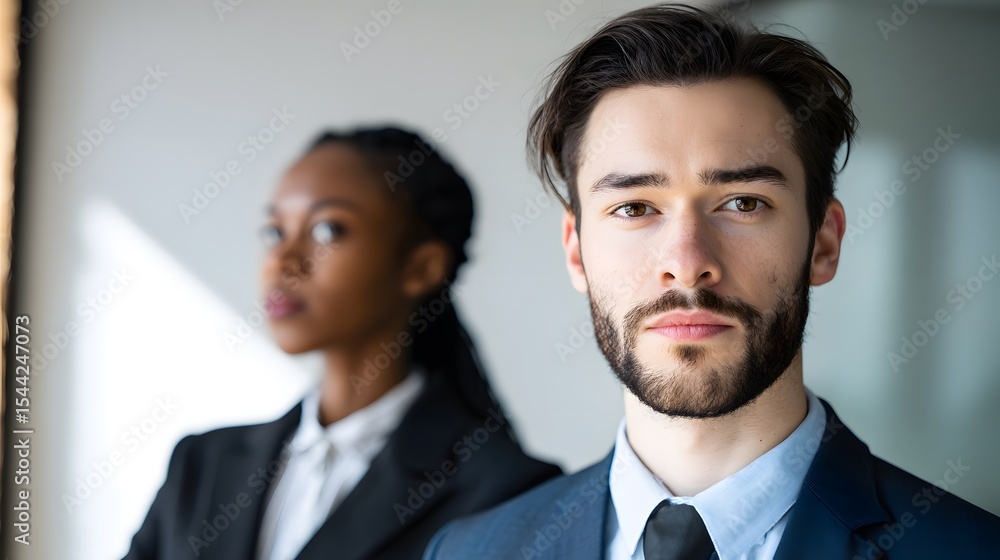 Two professionals discussing in a modern office, conveying collaboration and strategic thinking. Two professionals discussing in a modern office, conveying collaboration and strategic thinking.