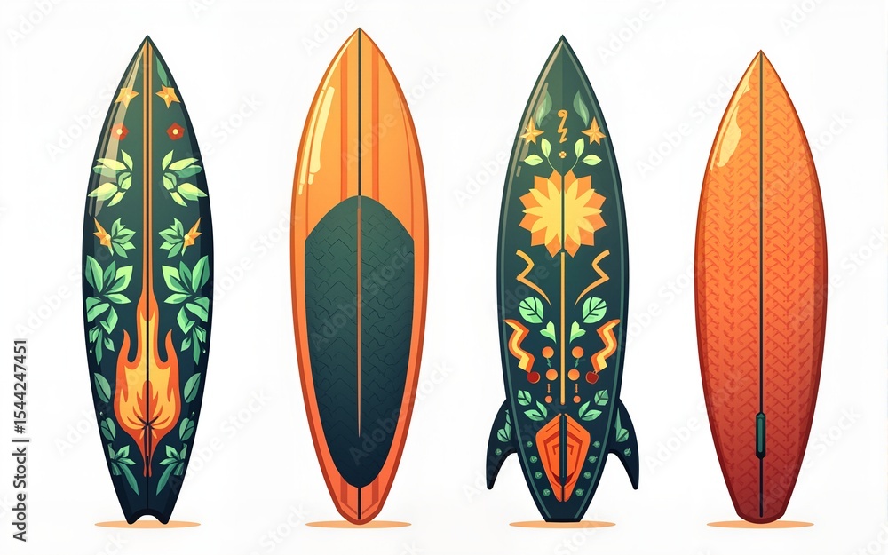 Cartoon surfing board with summer design and ethnic pattern. Surfboard with tropical leaf print, flame and lightning. Surf boards vector set. High quality Cartoon surfing board with summer design and ethnic pattern. Surfboard with tropical leaf print, flame and lightning. Surf boards vector set. High quality