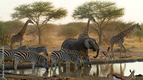 African Savanna Wildlife Elephants, Giraffes, Zebras at Watering Hole - Stunning Nature Photography 4k Video