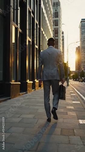 Man walks away from camera down urban street at dawn, briefcase in hand. Tall buildings rise ahead, soft sunrise light reflects on sidewalk. Quiet, cinematic moment