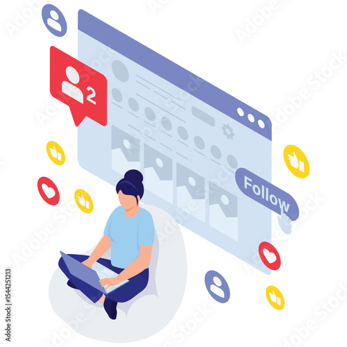 Social Network Illustration. Vector illustration of Woman checking profile engagement and follower updates on a social platform. Isolated on background
