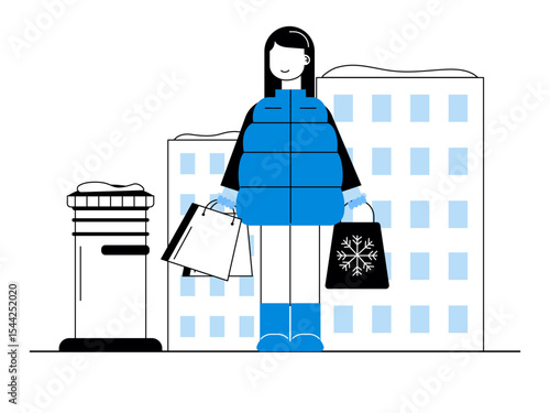 Woman shopping for preparing Christmas. Snowy day illustration. Winter fun activity. Flat vector illustration.