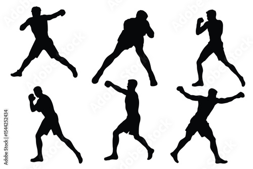 Boxer silhouette icon set. Boxing silhouette, Double Boxing set box icon, Boxing illustration, silhouette, set icon, silhouette. People pose while boxing isolated on white.