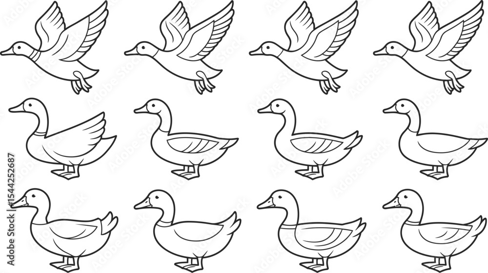Fototapeta premium Twelve cartoon ducks in different poses black and white illustration