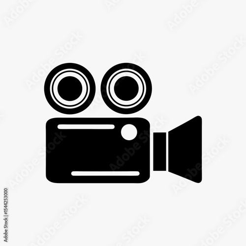 Black silhouette of vintage movie camera icon with dual reels on white background
