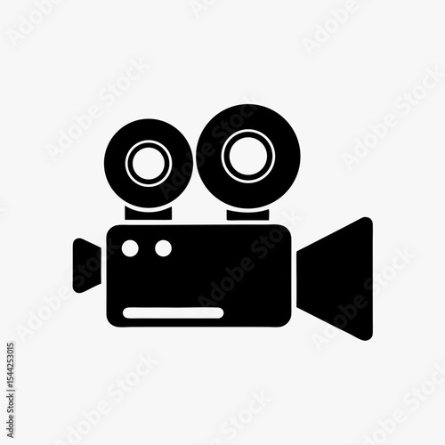 Black silhouette of vintage movie camera icon with dual reels on white background
