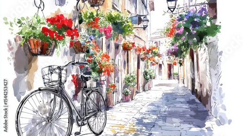 Charming European alleyway, flowers and bike