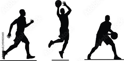 Basketball player silhouette set, isolated vector illustration of man running, jumping, dribbling with ball, active sport pose, black white design, athletic movement, team sport concept