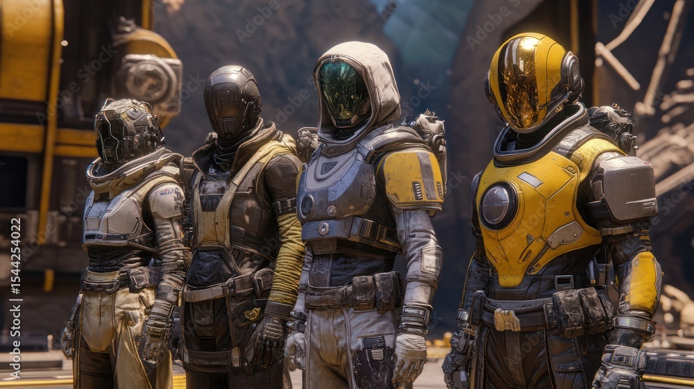 Fototapeta premium Group of four characters in futuristic armor.