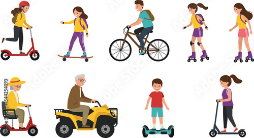 Diverse people of all ages using various personal mobility devices for recreation and daily commute, illustrating modern urban transportation and active lifestyles