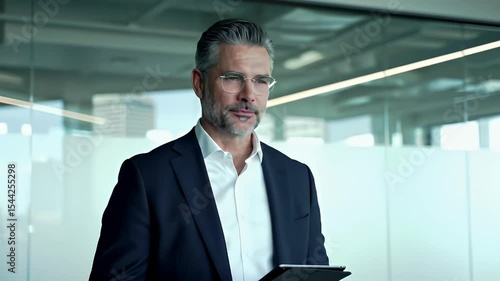 Wallpaper Mural Man in suit  glasses holds a tablet speaking in a modern office Torontodigital.ca