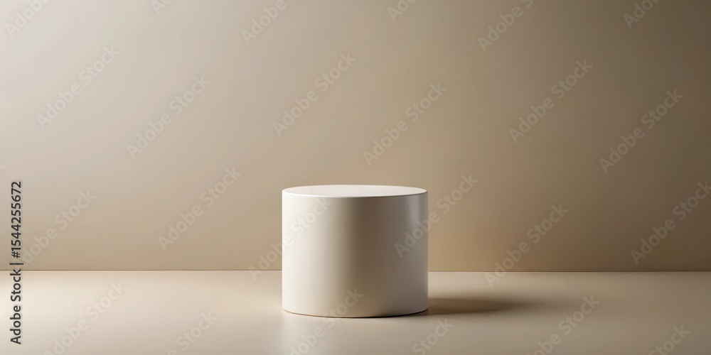 Simple white cylindrical product on minimalist beige podium against neutral gray background with clean lines and minimal decor Simple white cylindrical product on minimalist beige podium against neutral gray background with clean lines and minimal decor
