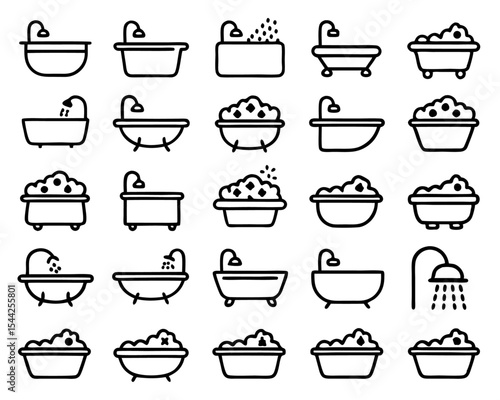 Bathroom shower icon set bathtub with soap foam and bubbles isolated on transparent background