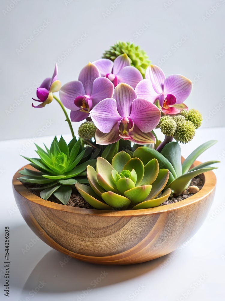 Delicate orchids and succulents in a shallow wooden bowl against a soft white background Delicate orchids and succulents in a shallow wooden bowl against a soft white background