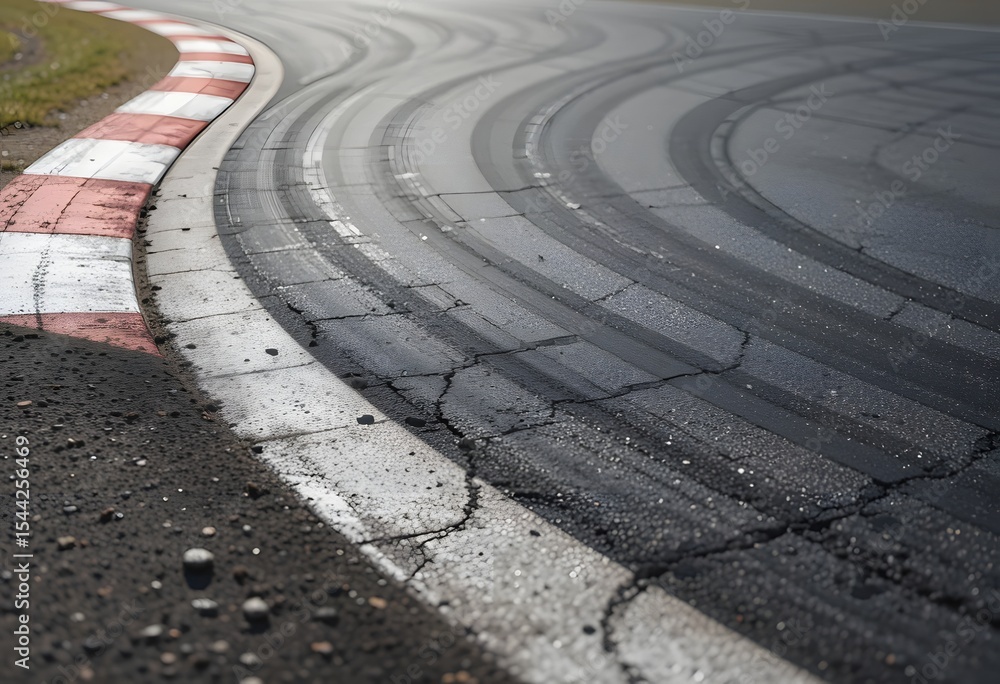 Fototapeta premium Realistic Asphalt Racing Track Corner with Detailed Tire Skid Marks and Red-White Curbs