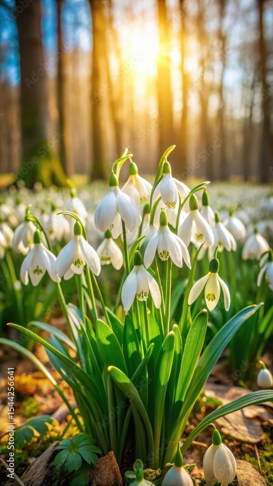 Fototapeta premium Delicate Snowdrops bloom in clusters amidst towering forest trees with sunlit dappled shade and fresh green foliage spring growth