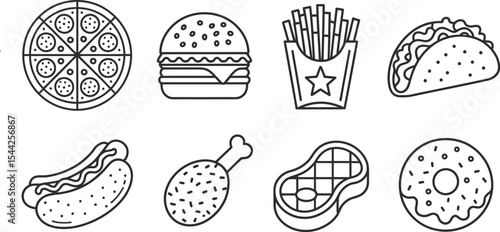 Black and white line art of various fast food items arranged neatly flat
