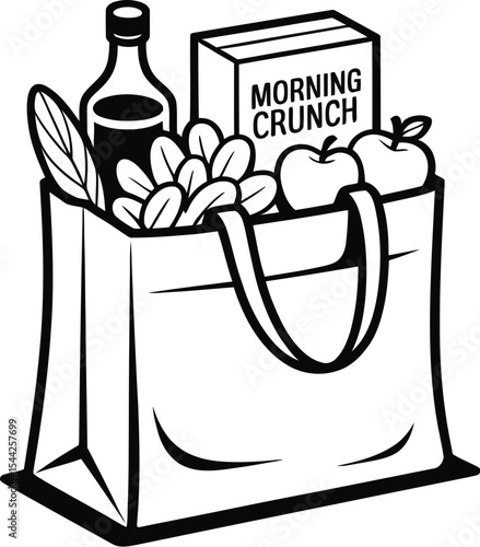A grocery bag filled with food items like apples and morning crunch box