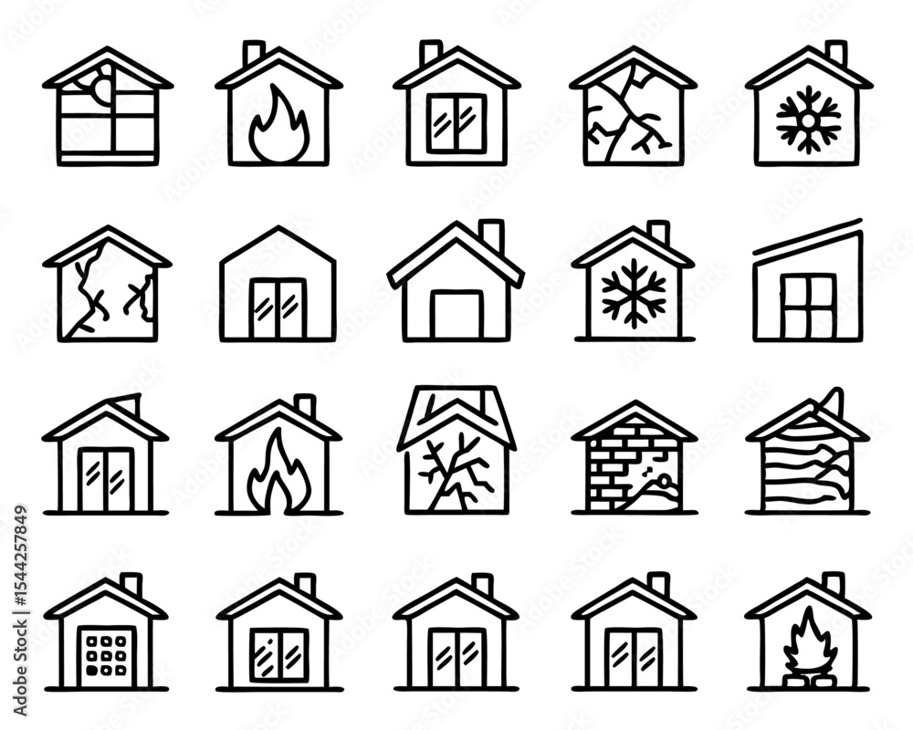 Fototapeta premium Thin line art collection of house damage icons isolated on transparent background
