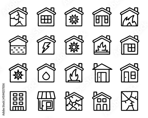 Thin line art house damage icons collection isolated on transparent background