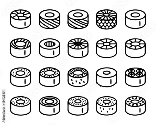 Maki sushi roll icon flat thin line style illustration isolated on transparent background