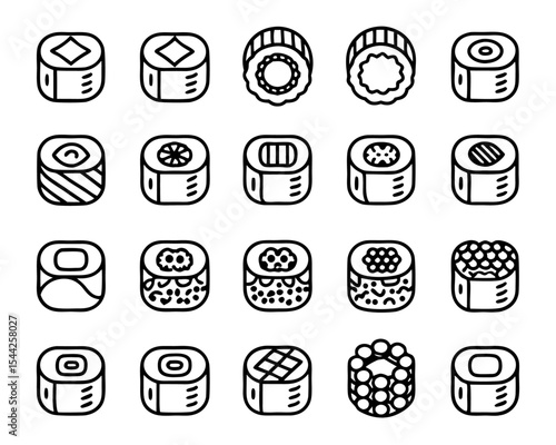 Maki sushi roll icon flat thin line style illustration isolated on transparent background