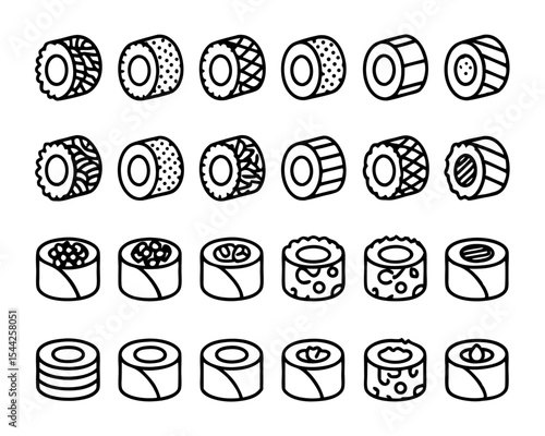 Maki sushi roll icon flat thin line style illustration isolated on transparent background