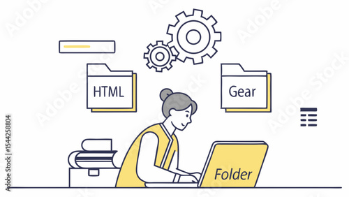 Clean Vector Design: Person Programming with HTML and Gear Icons