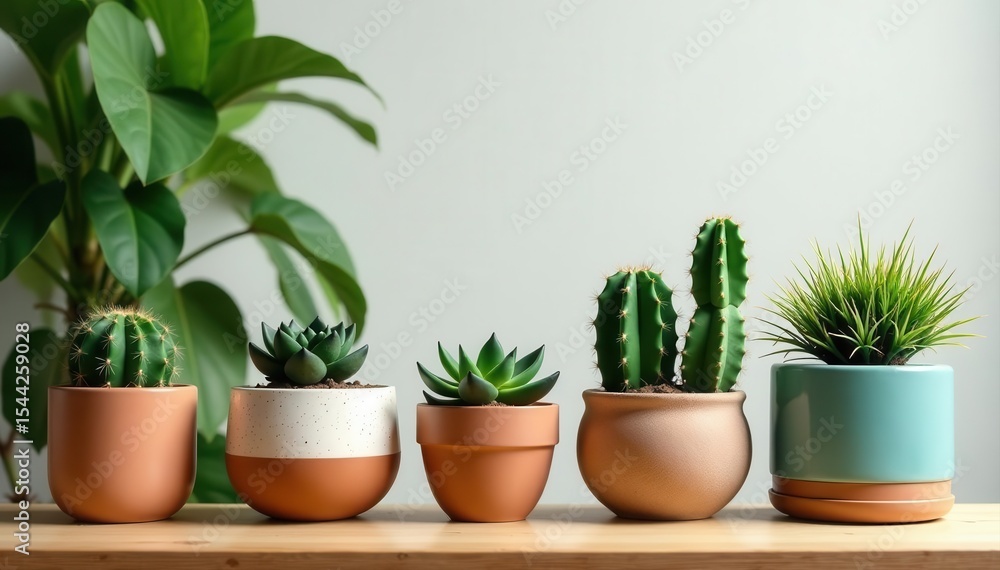 Fototapeta premium Stylish home jungle interior Diverse cacti, succulents, air plants in unique pots , greenery, air plants