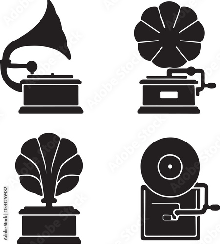 Vintage gramophone silhouette icons set side, front, back, and top views vector art illustration